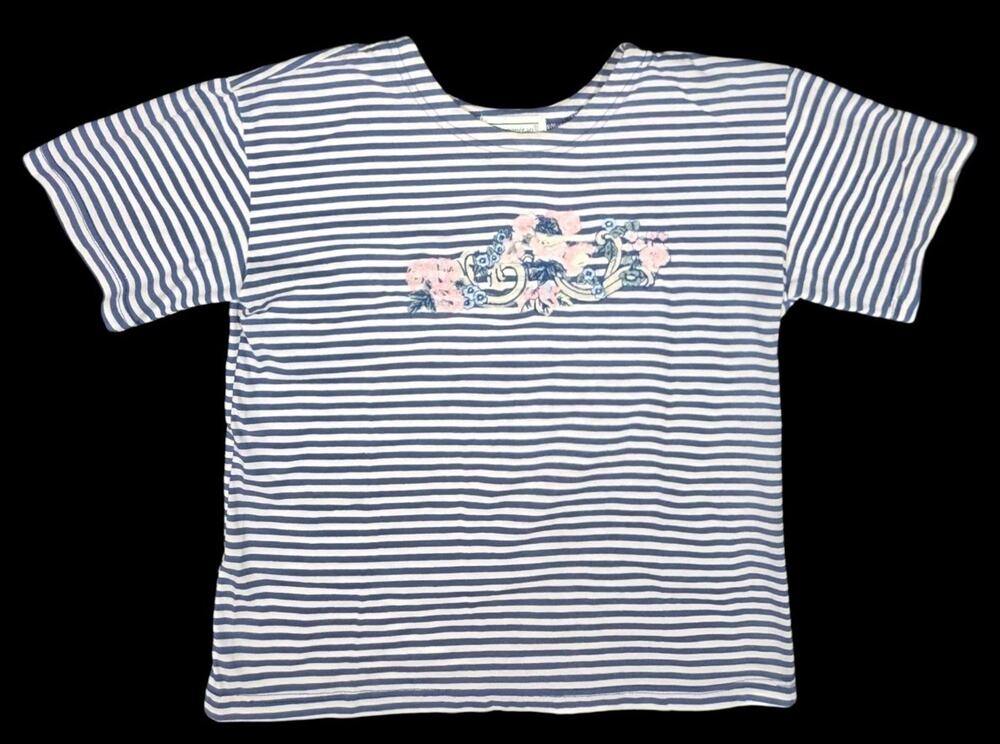 Vintage Shenanigans Striped T-Shirt Floral Embroidered Summer Spring Medium